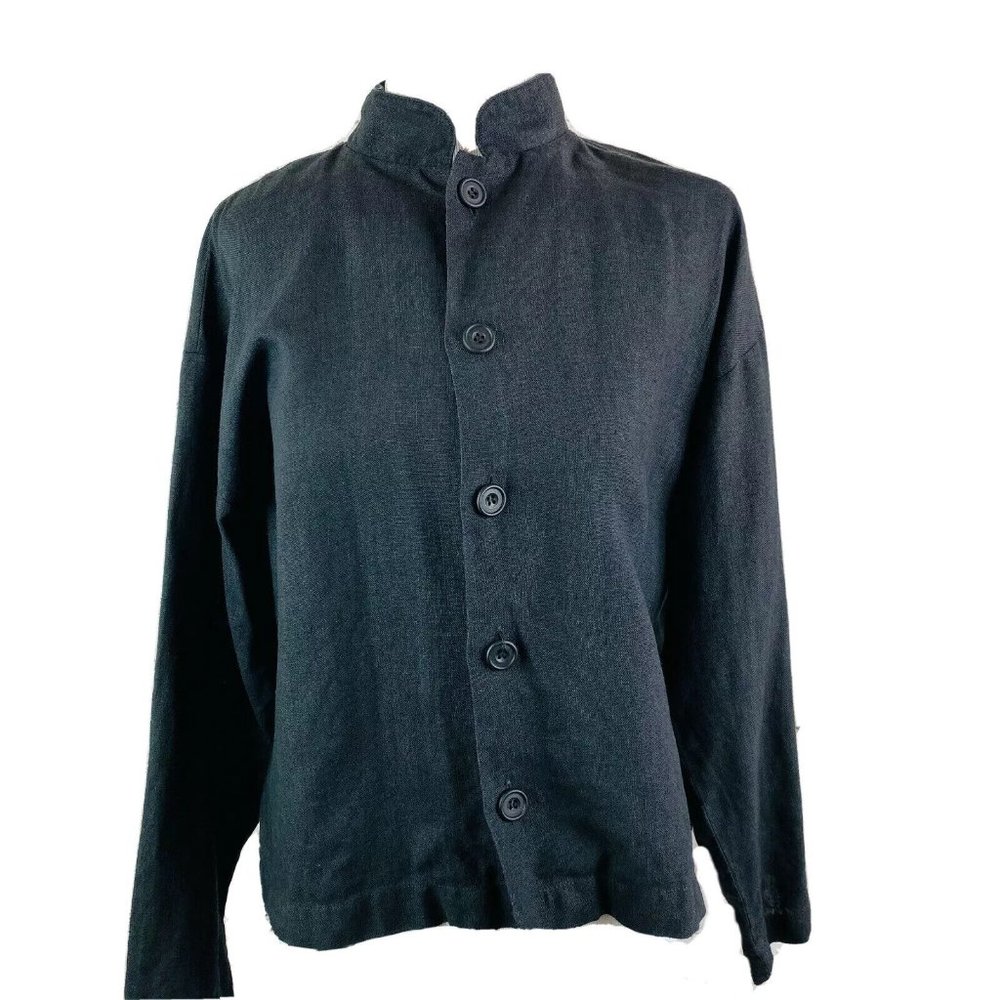 Eskandar Oversized Mandarin Collar Linen Boxy Lagenlook Blouse Black Top Sz 1